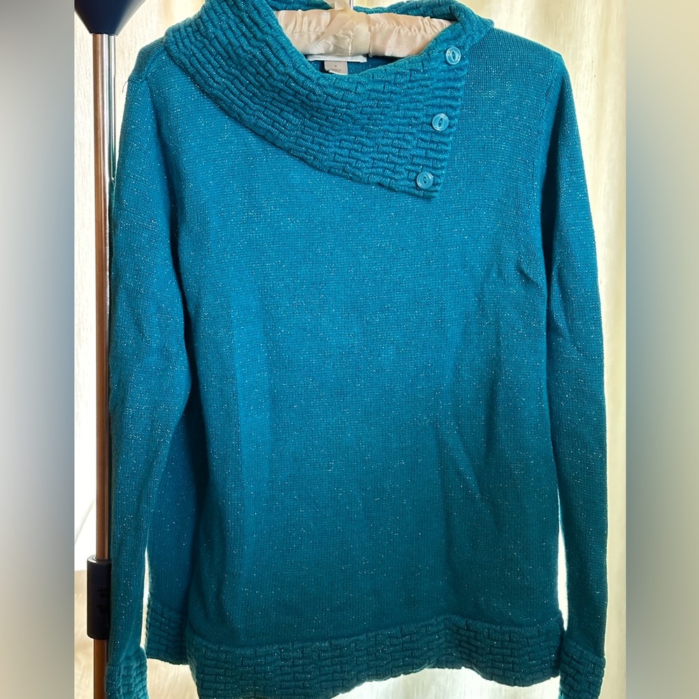 CJ  Banks Teal Sparkle Pullover Mock Turtleneck Textured Collar Cuff Waistband X